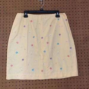 Talbots Linen Mini Skirt‎ Yellow Embroidered Flowers 14 Cottagecore Pastel 90s
